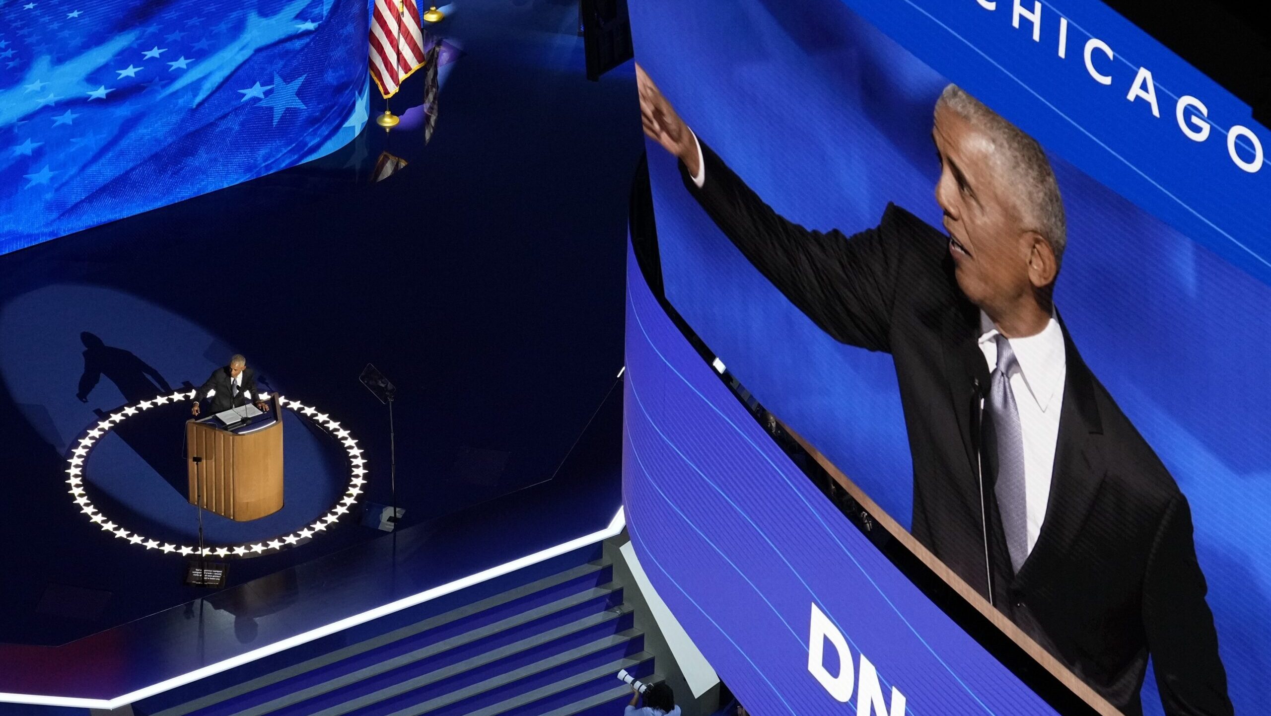 Former President Barack Obama speaks at day two of the DNC on Tuesday, Aug. 20, 2024, in Chicago....