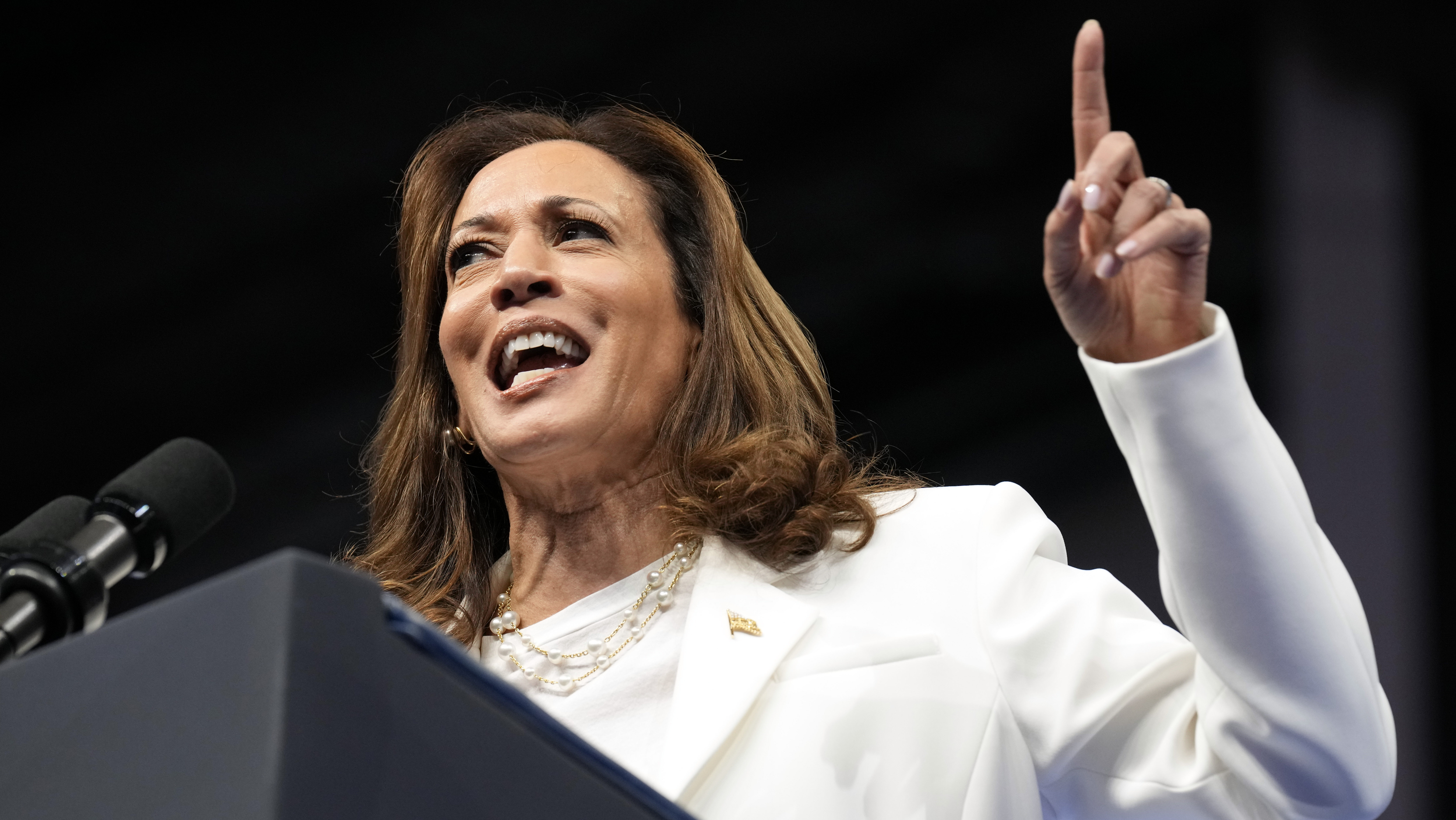 Democratic presidential nominee Vice President Kamala Harris speaks at a campaign rally in Savannah...