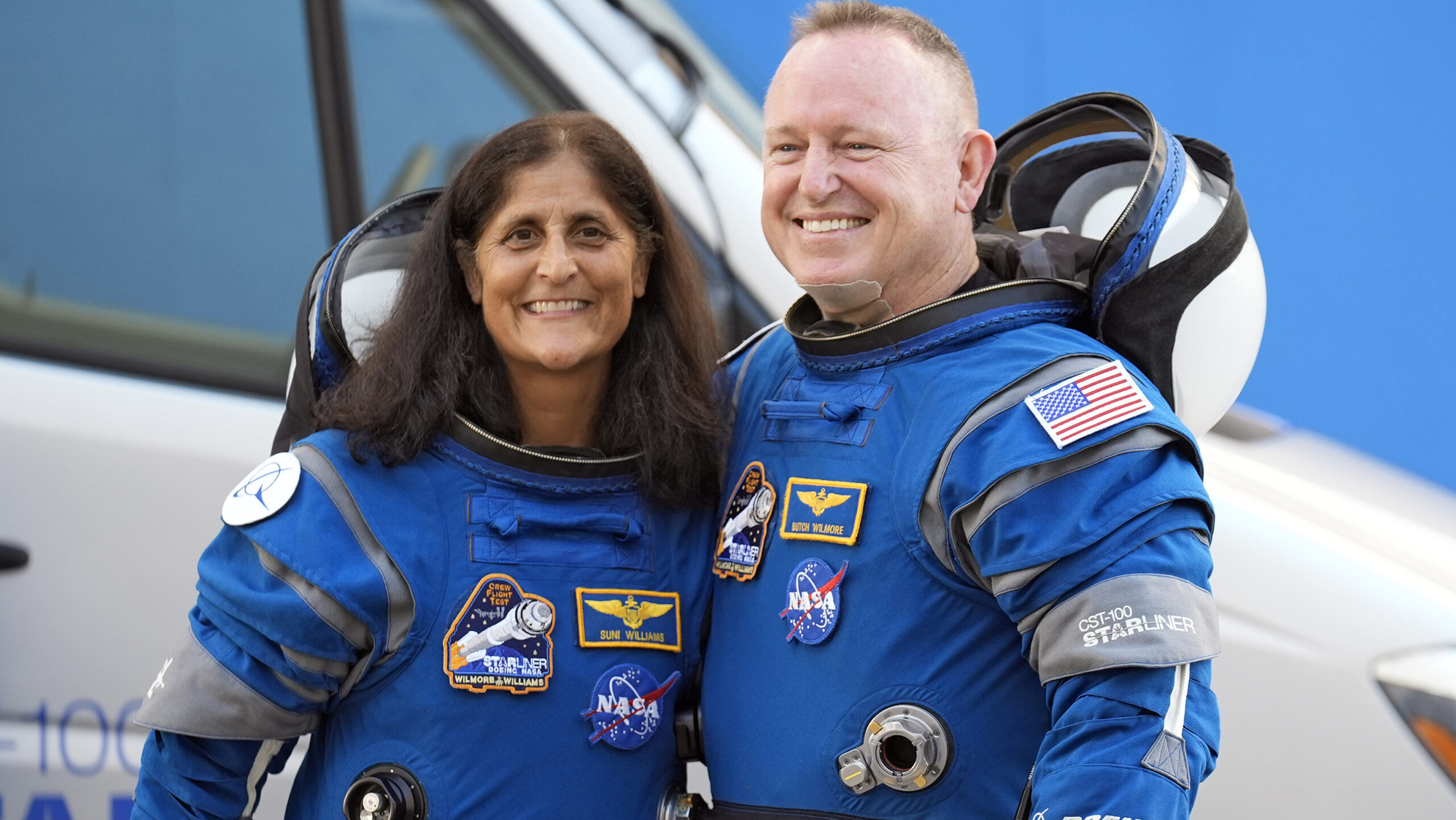 FILE - NASA stranded astronauts Suni Williams, left, and Butch Wilmore stand together for a photo e...