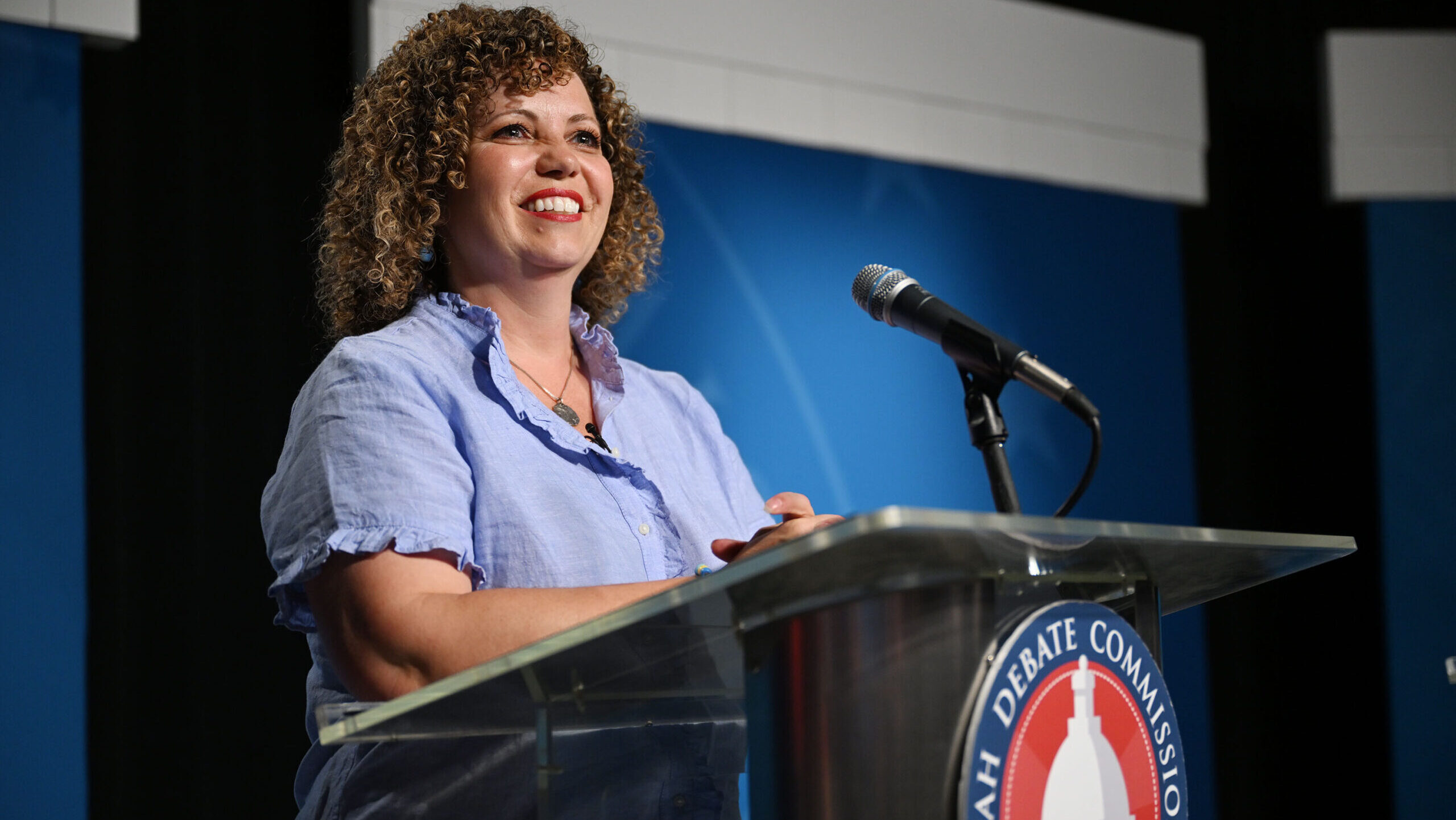 Celeste Maloy speaks at a debate for Congressional District 2...