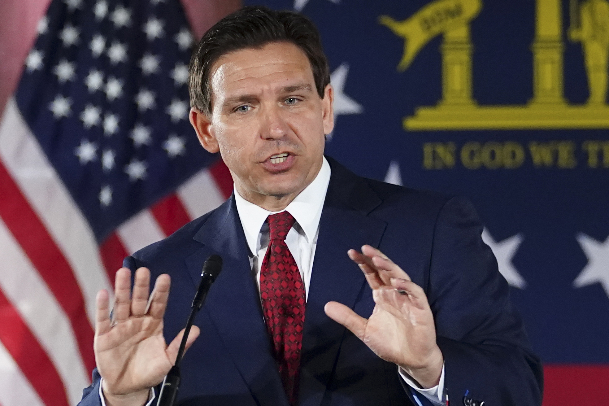 FILE - Florida Gov. Ron DeSantis speaks to a crowd at Adventure Outdoors gun store, Thursday, March...