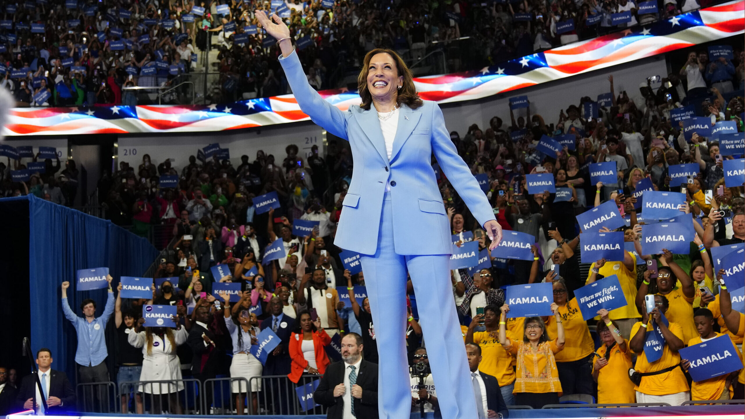 FILE - Vice President Kamala Harris waves during a campaign rally, July 30, 2024, in Atlanta. (AP P...