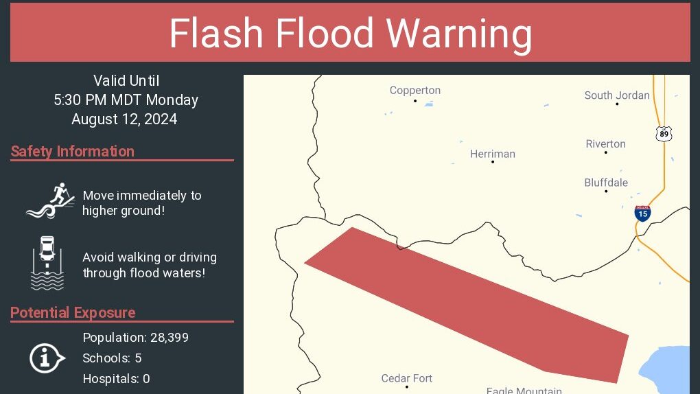 A flood warning graphic showing affected areas in Utah County...