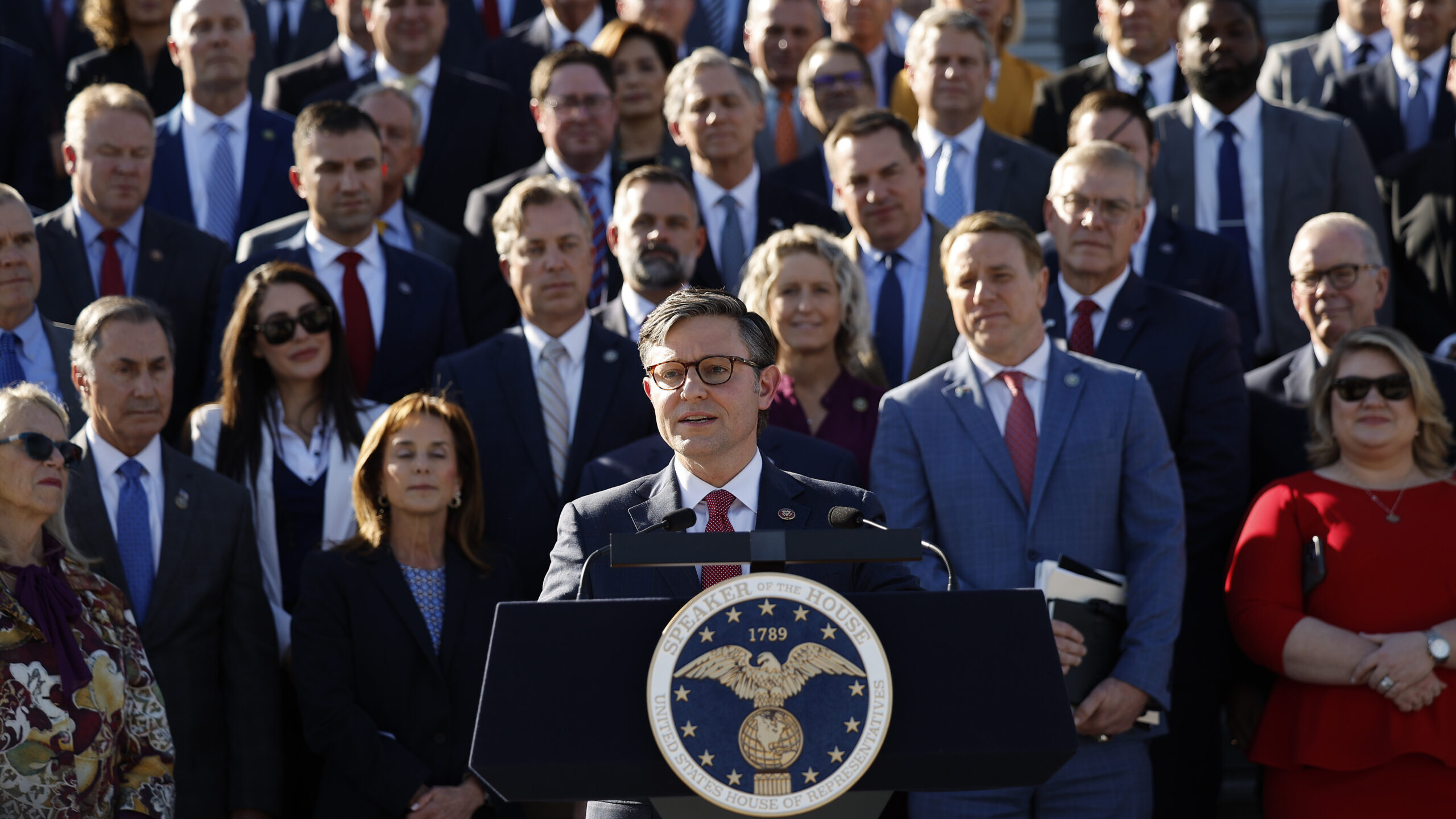 Newly elected U.S. Speaker of the House Mike Johnson (R-LA) delivers remarks with fellow Republican...