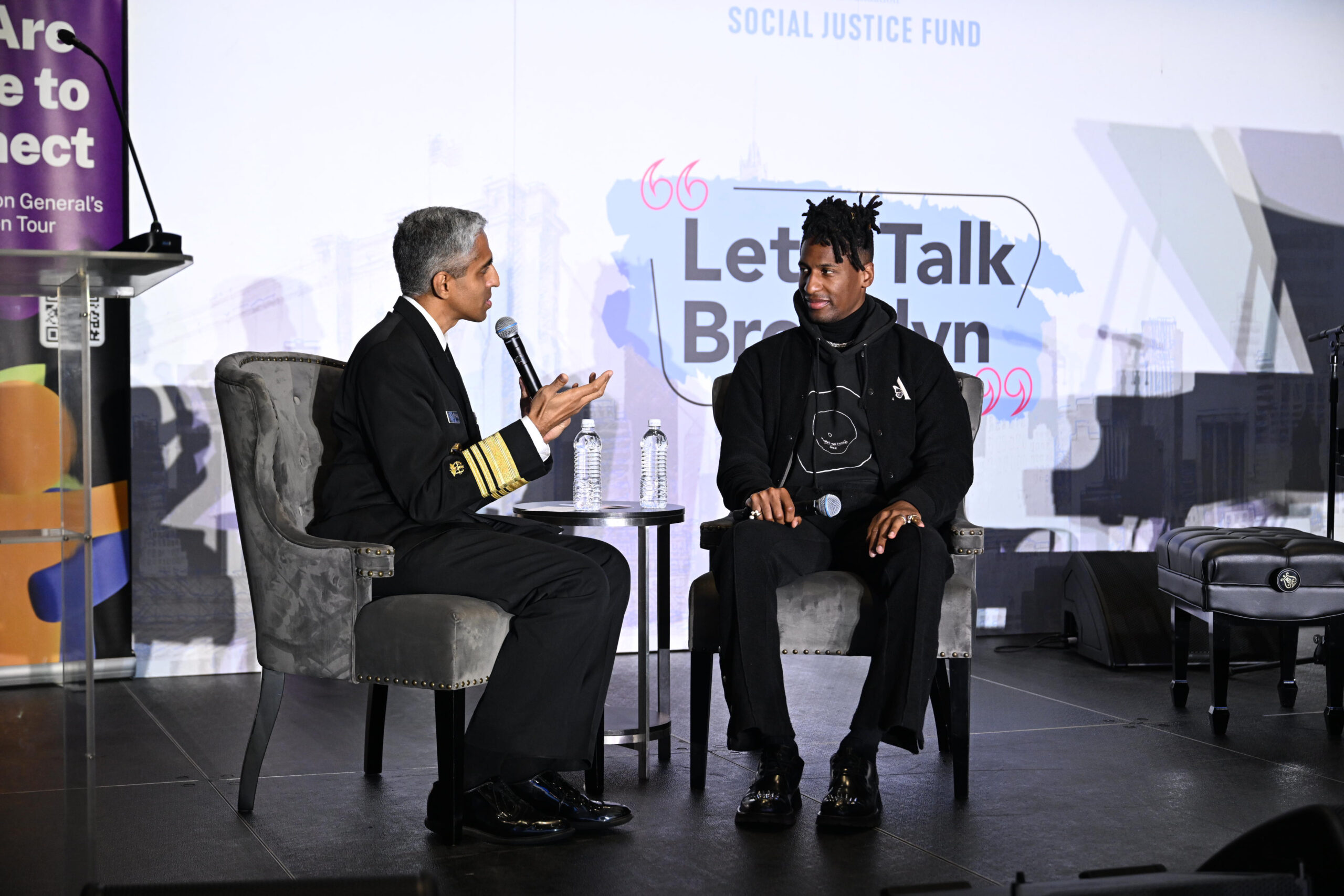 U.S. Surgeon General Dr. Vivek Murthy and Jon Batiste speak on stage during MTV's Mental Health Is ...