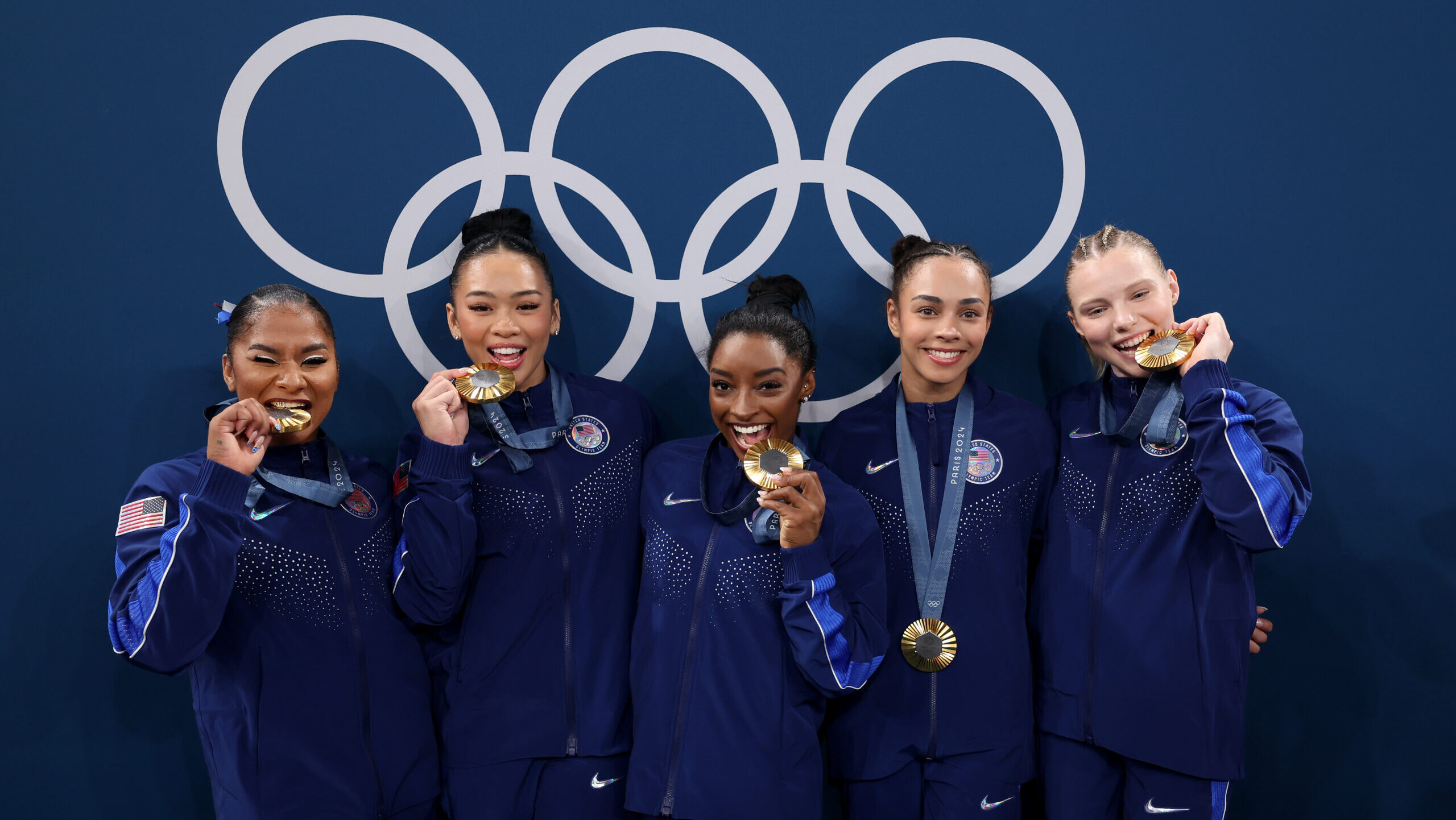 Gold medalists Jordan Chiles, Sunisa Lee, Simone Biles, Hezly Rivera and Jade Carey of Team United ...