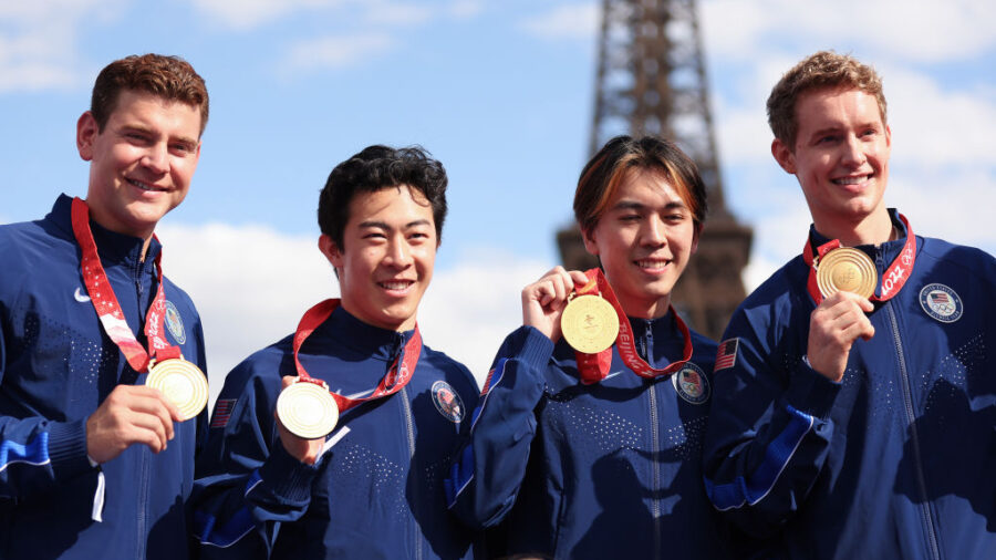 Brandon Frazier, Nathan Chen, Vincent Zhou, and Evan Bates of the U.S. Olympic figure skating team ...