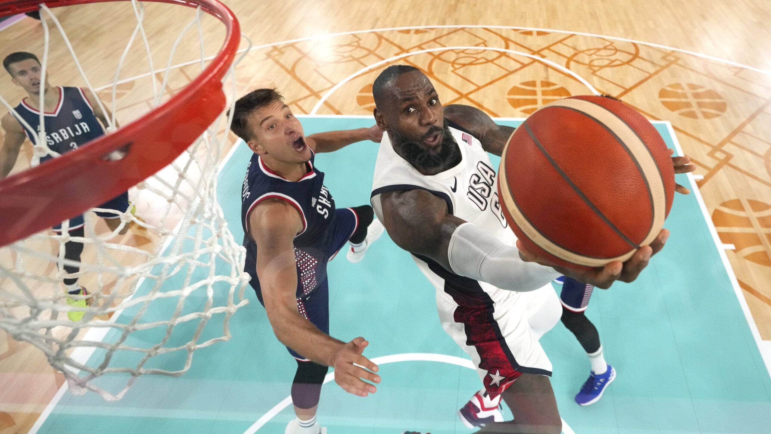 Lebron James #6 of Team United States shoots the ball during a Men's basketball semifinals match be...