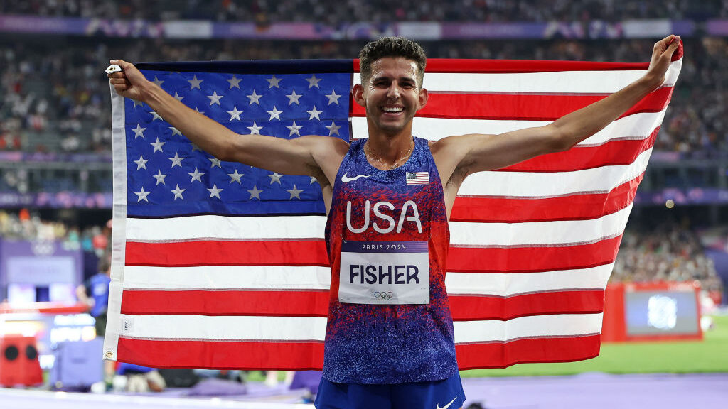 PARIS, FRANCE - AUGUST 02: Bronze medalist Grant Fisher of Team United States celebrates after the ...