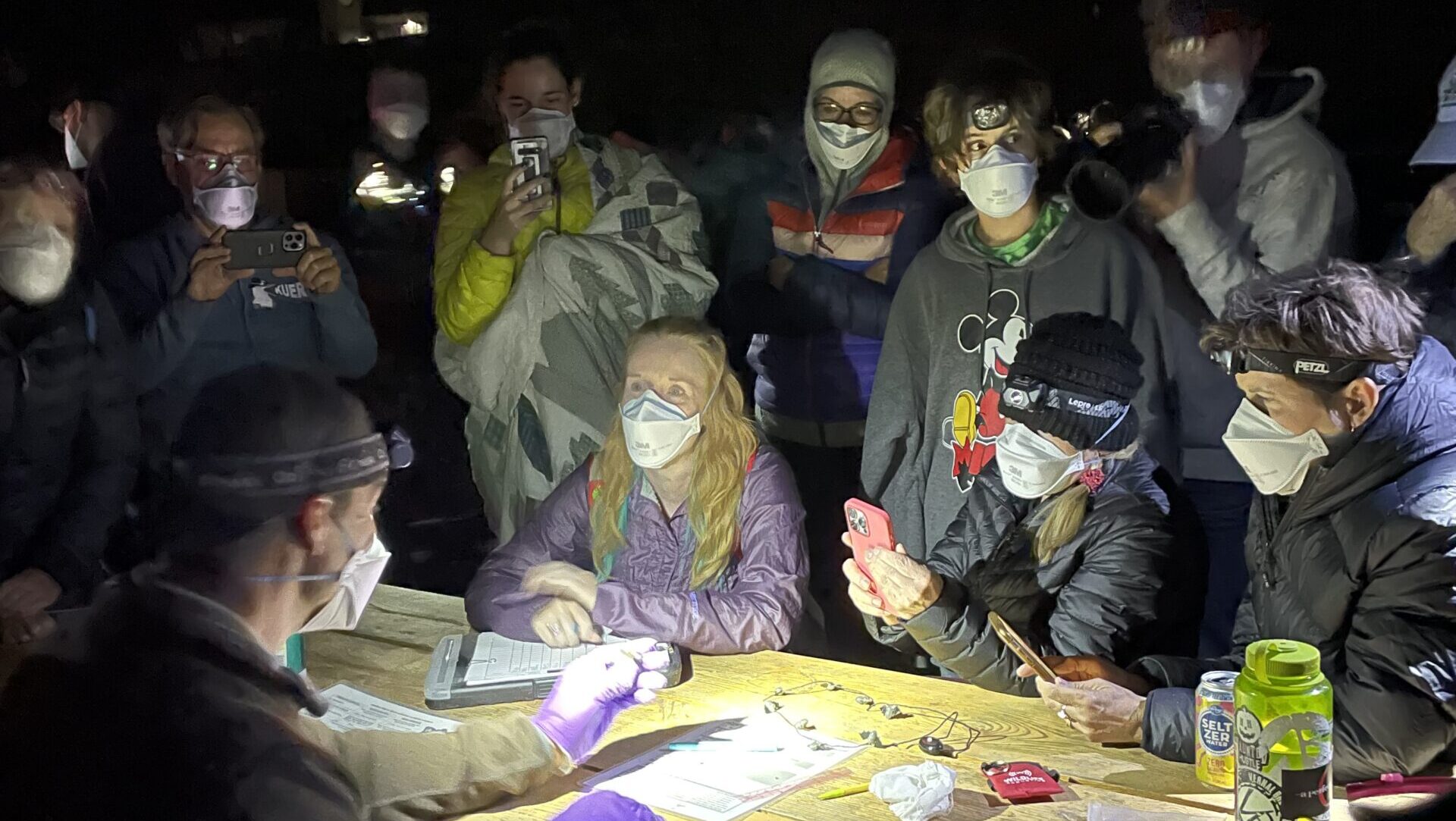 A biologist shows participants a bat while checking the bat for a survey....