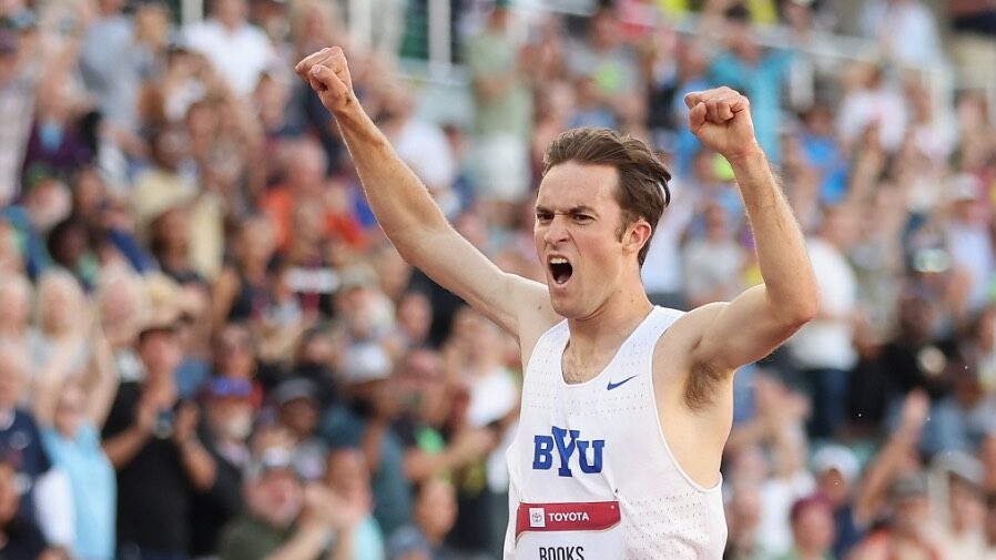 Kenneth Rooks celebrates as he wins the Men's 3000m Steeplechase Final during the 2023 USATF Outdoo...