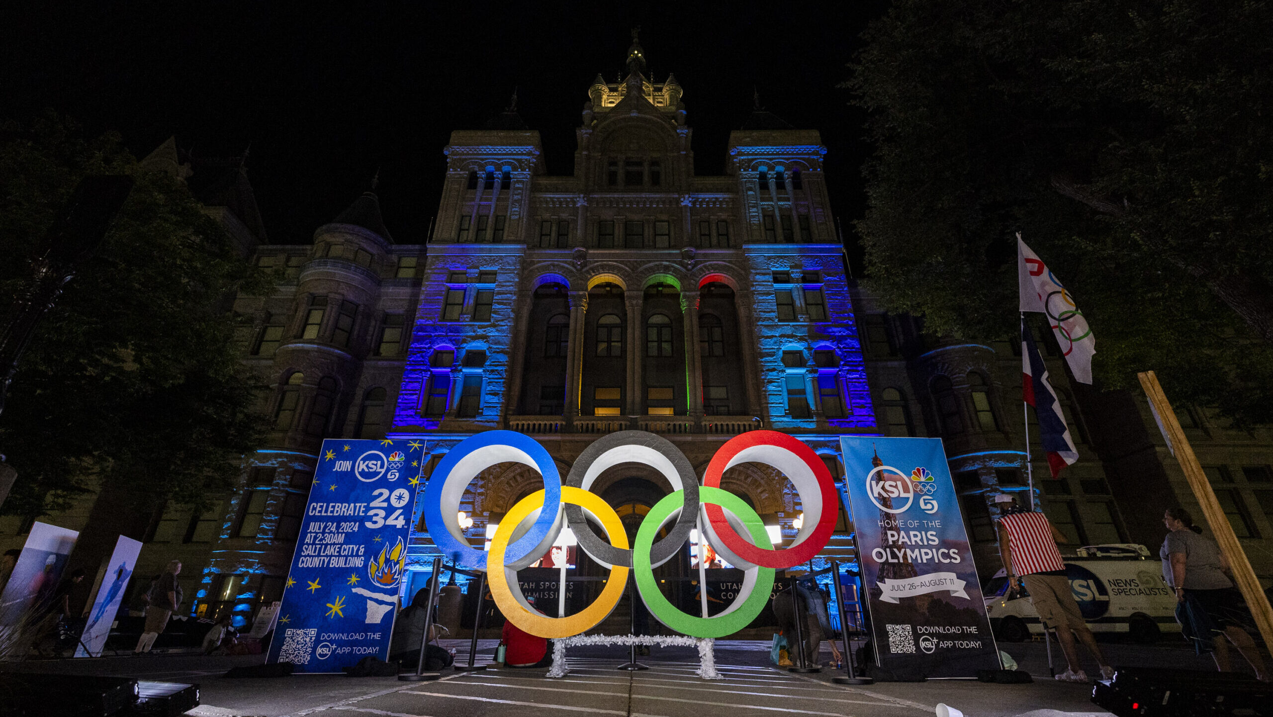 olympic rings at salt lake city olympic 2034 announcement watch party...