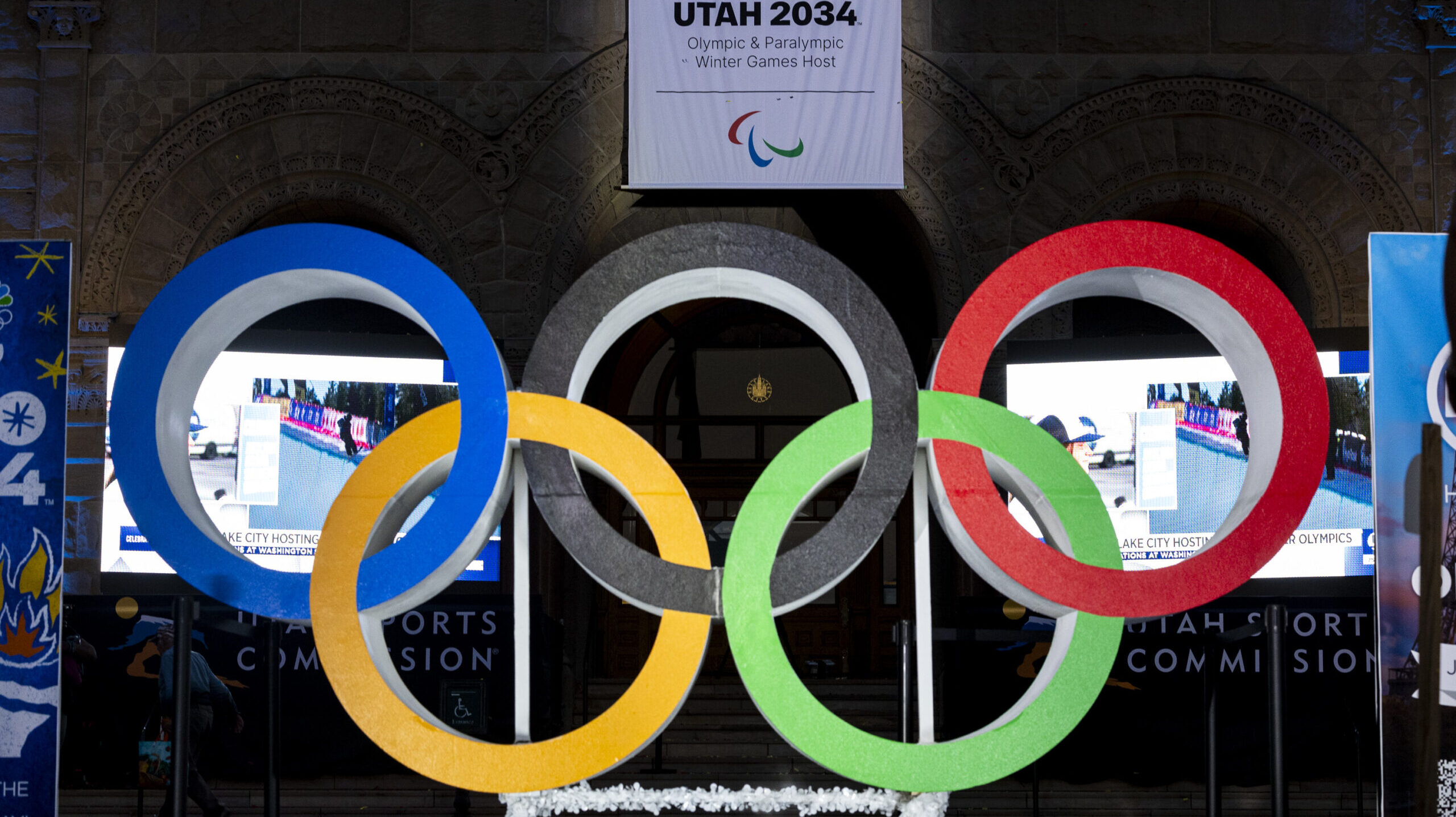 olympic rings shown at salt lake winter olympics 2034 announcement party...