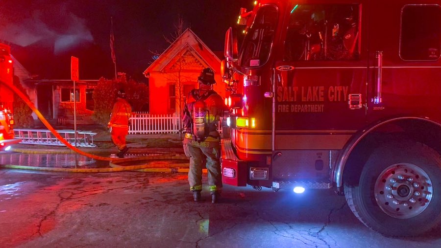 Crews respond to a house fire in Salt Lake City on March 8, 2024. (Derek Petersen/KSL TV)...