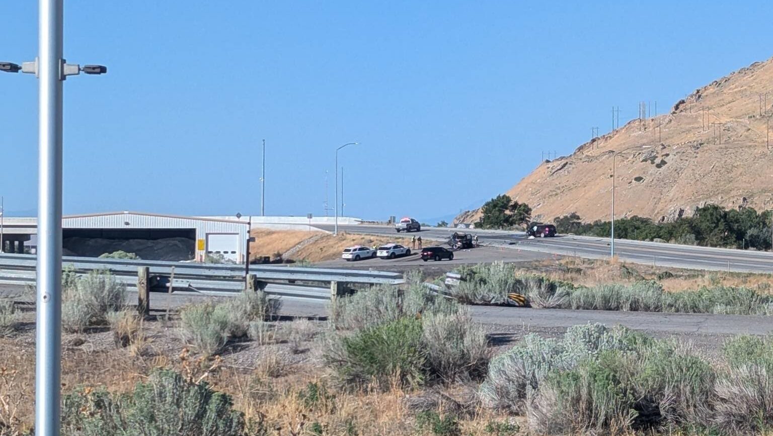 The scene of a fatal car crash on westbound I-80 in Tooele County on August 27, 2024. (KSL TV)...