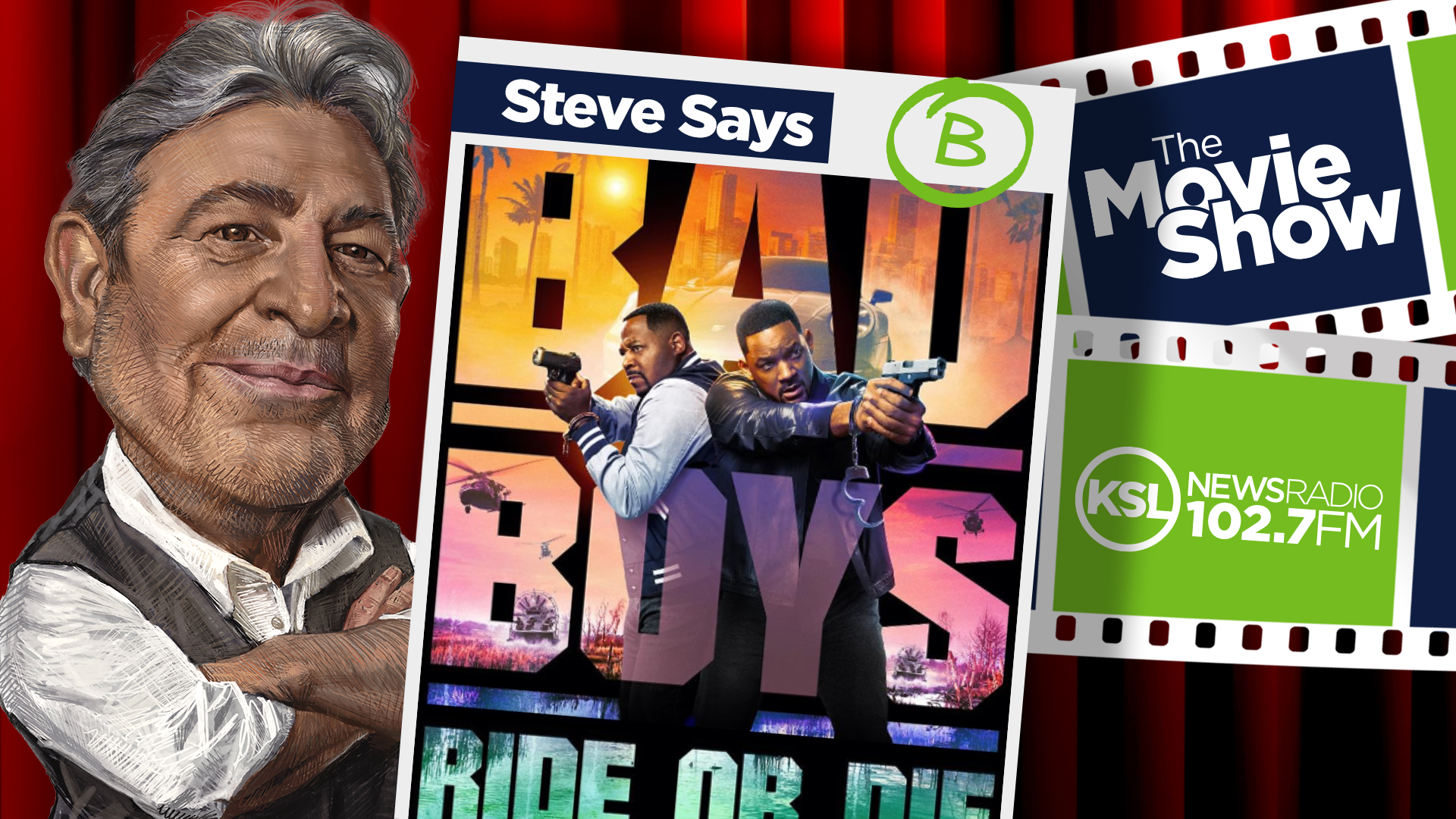 ksl movie show host steve salles next to poster for bad boys ride or die...