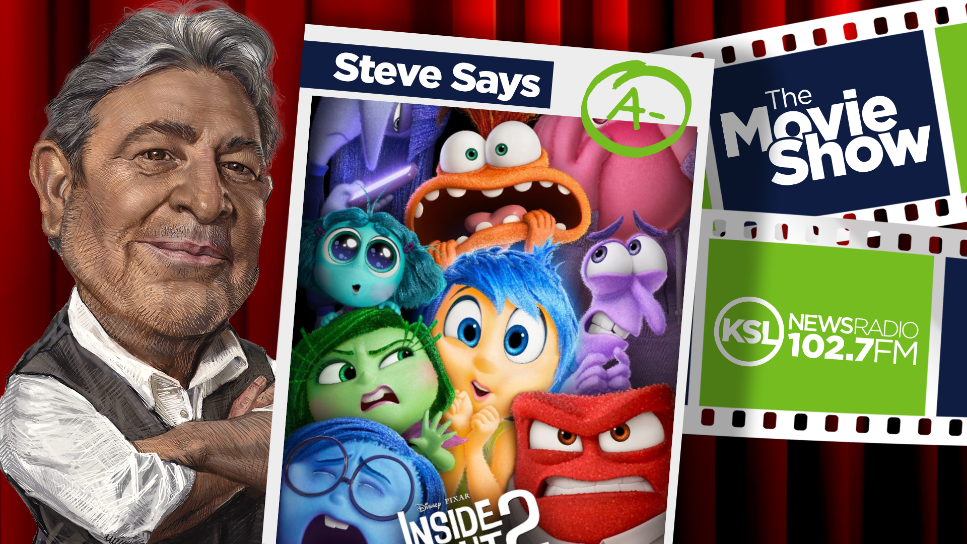 ksl movie show host steve salles stands next to inside out 2 movie poster...